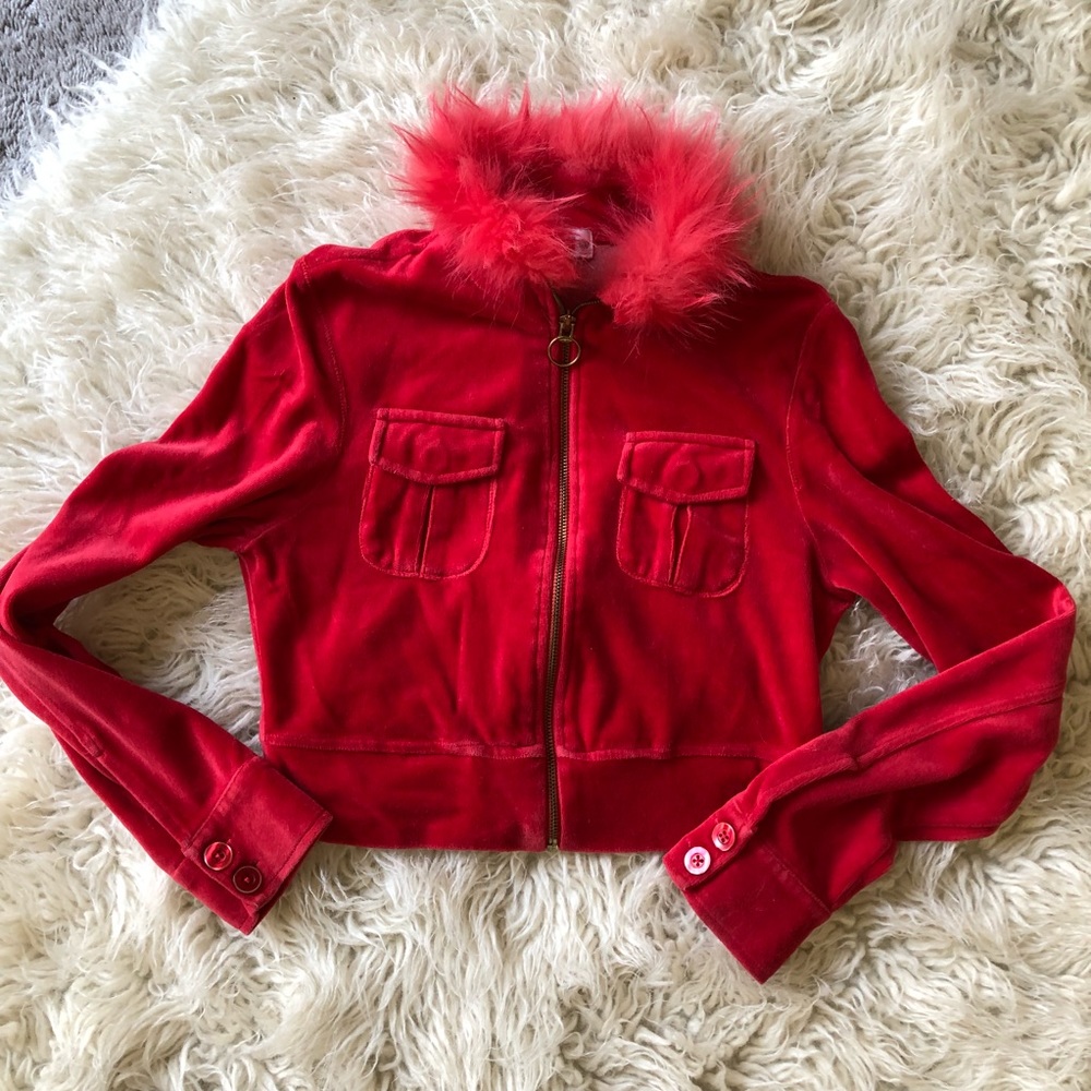 Real fur collar red velvet short jacket - Picture 2 of 5